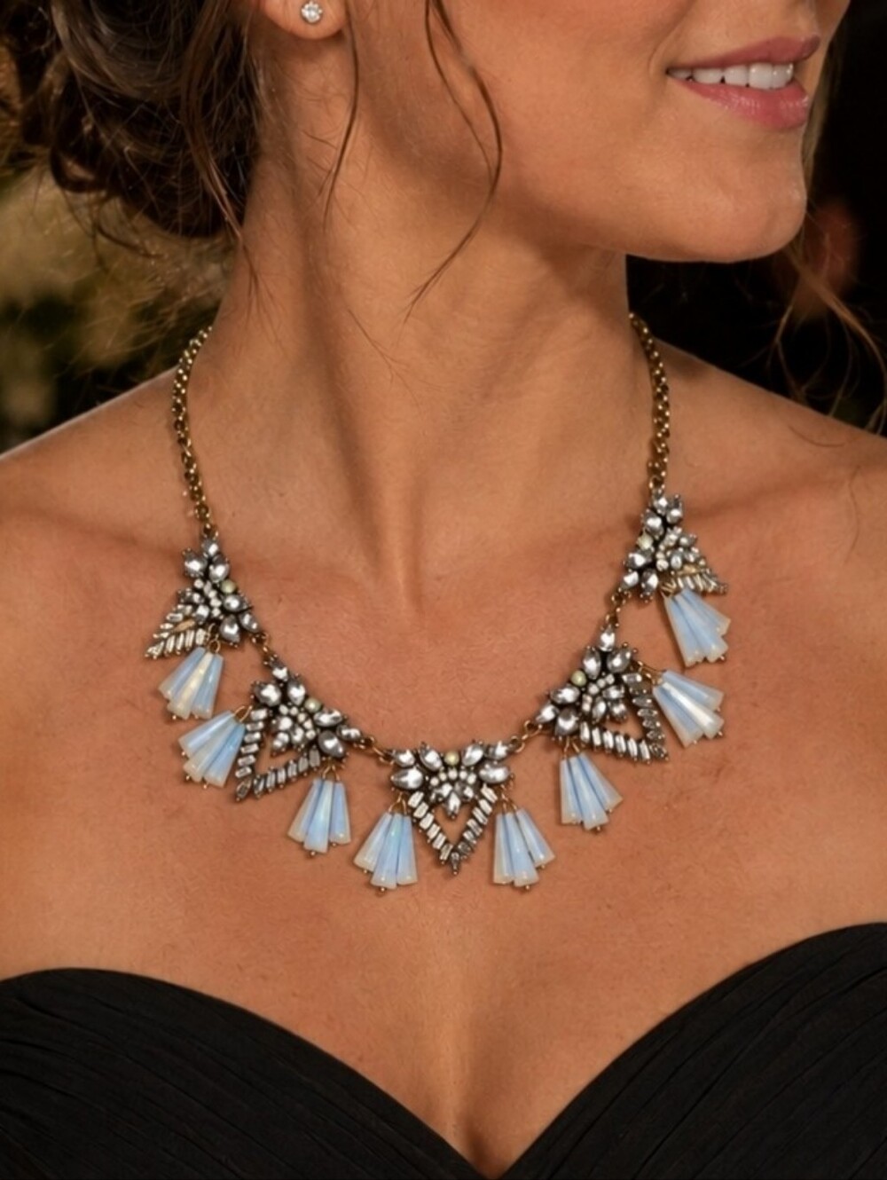 Opalescent Faceted Cone Beads Baguette Rhinestone Brass Tone Statement Necklace